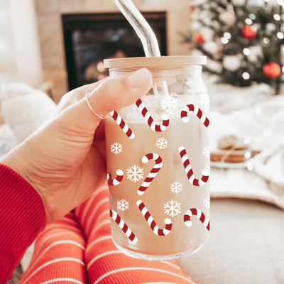 Candy Cane Coffee Mug Glass, Bamboo Lid & Straw