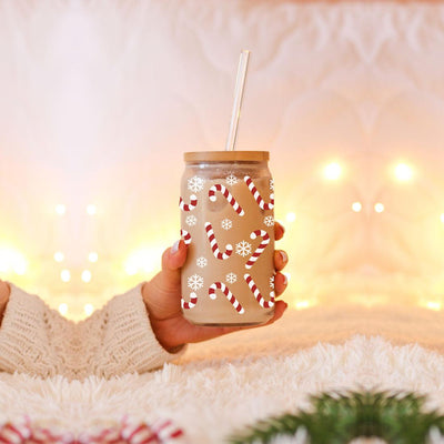 Candy Cane Coffee Mug Glass, Bamboo Lid & Straw