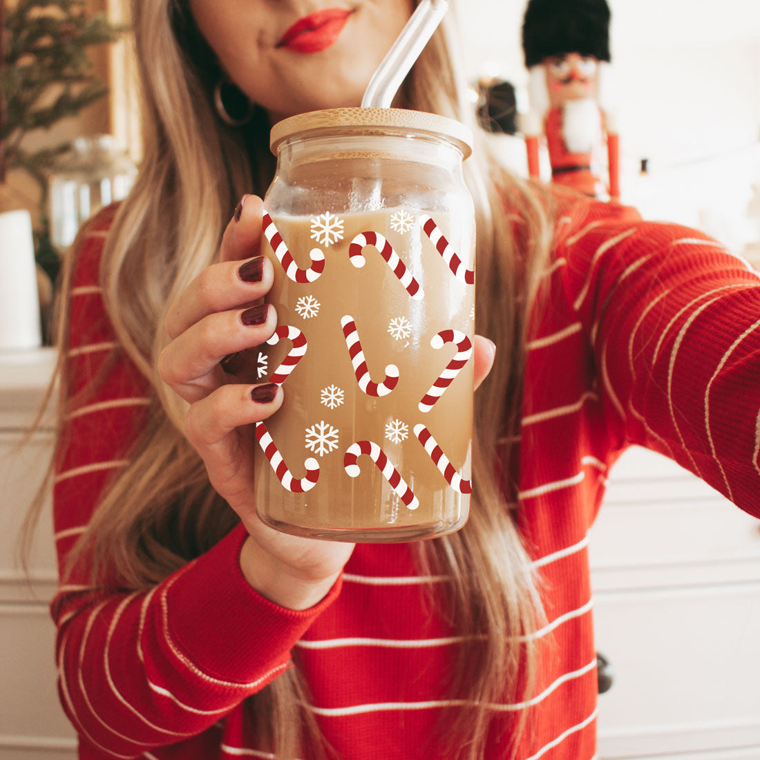 Candy Cane Coffee Mug Glass, Bamboo Lid & Straw