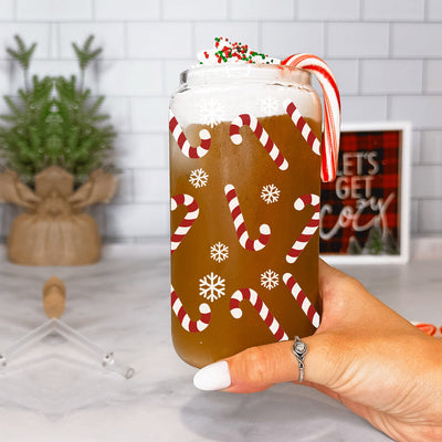 Candy Cane Coffee Mug Glass, Bamboo Lid & Straw