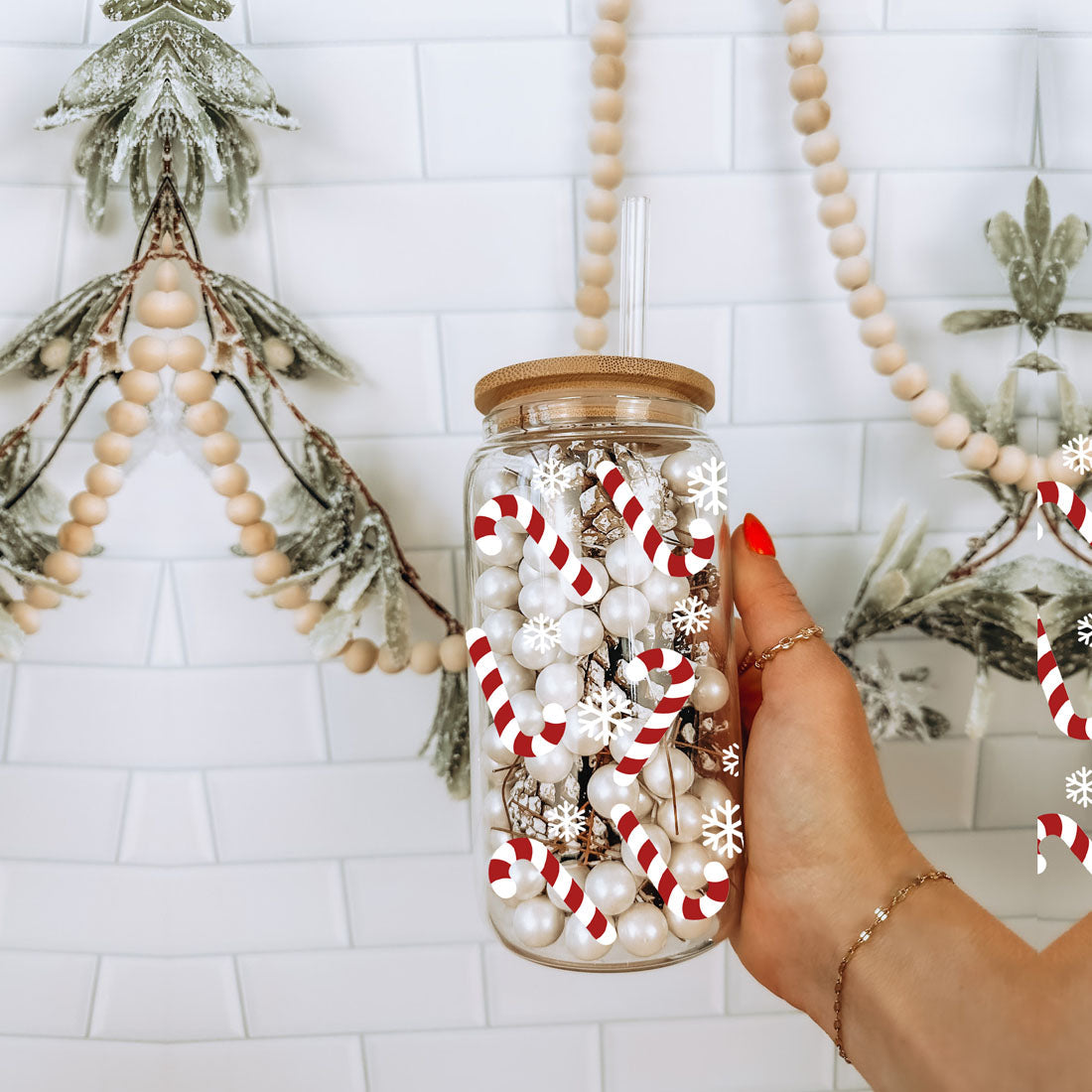 Candy Cane Coffee Mug Glass, Bamboo Lid & Straw