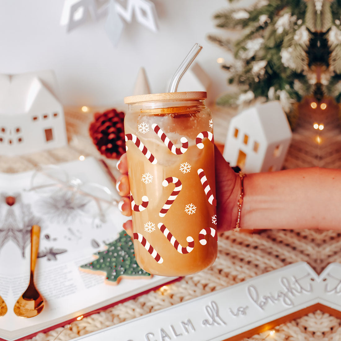 Candy Cane Coffee Mug Glass, Bamboo Lid & Straw