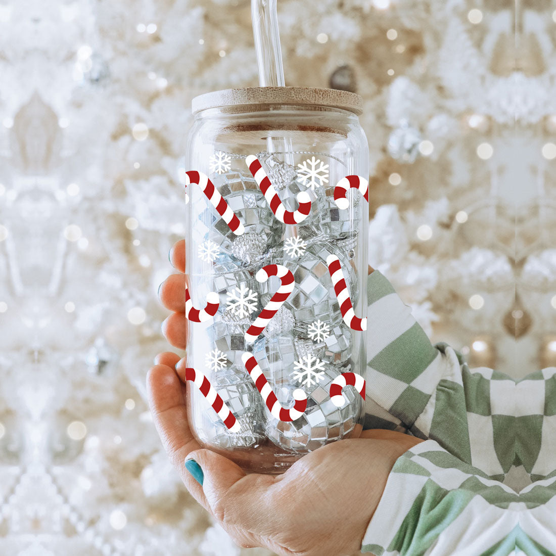 Candy Cane Coffee Mug Glass, Bamboo Lid & Straw