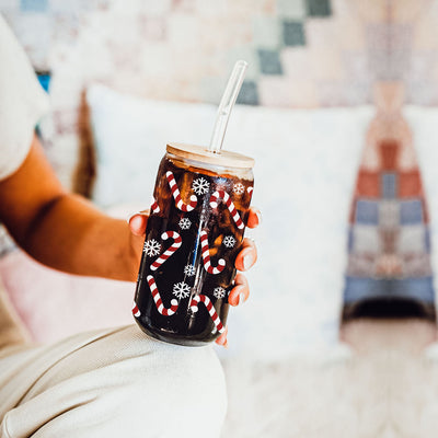 Candy Cane Coffee Mug Glass, Bamboo Lid & Straw