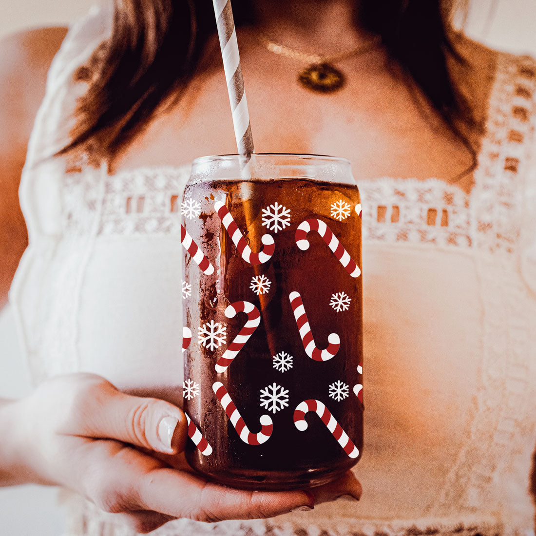 Candy Cane Coffee Mug Glass, Bamboo Lid & Straw