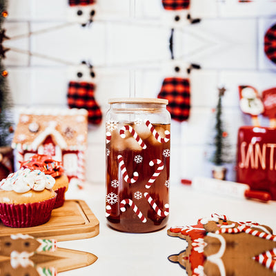 Candy Cane Coffee Mug Glass, Bamboo Lid & Straw