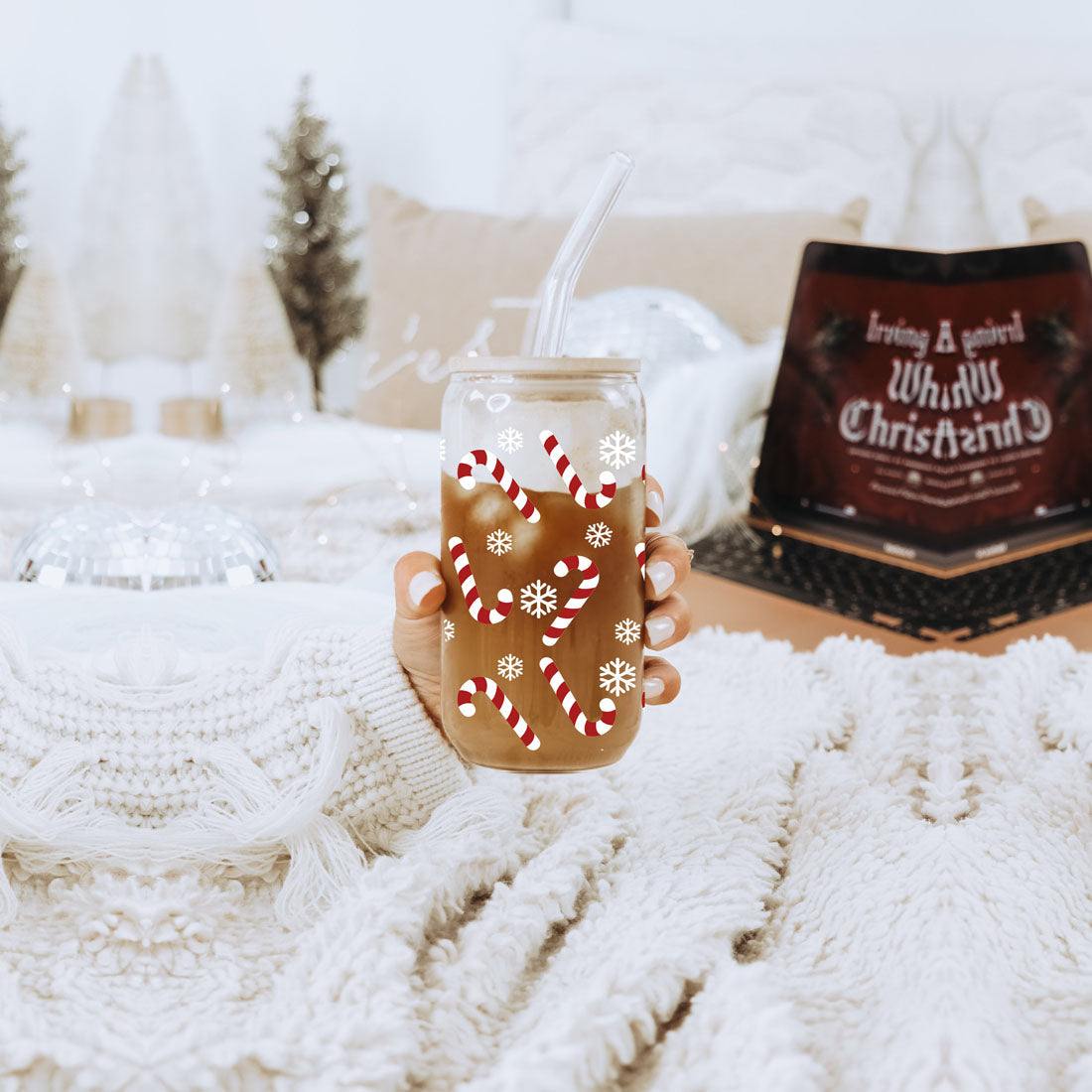 Candy Cane Coffee Mug Glass, Bamboo Lid & Straw