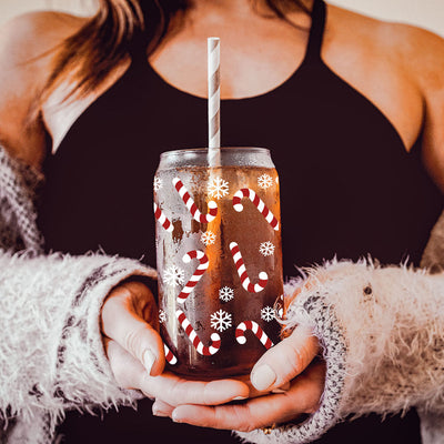 Candy Cane Coffee Mug Glass, Bamboo Lid & Straw