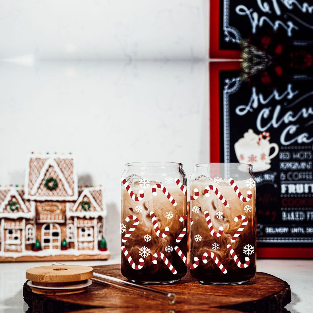 Candy Cane Coffee Mug Glass, Bamboo Lid & Straw