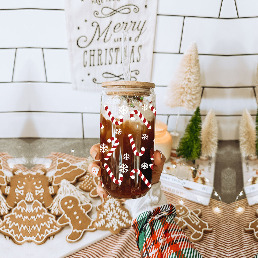 Candy Cane Coffee Mug Glass, Bamboo Lid & Straw