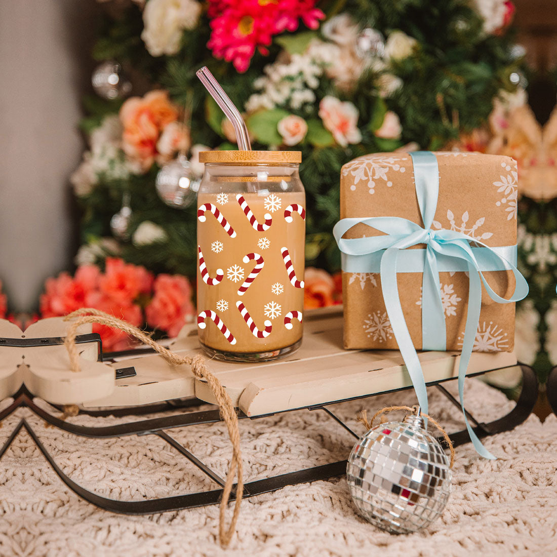 Candy Cane Coffee Mug Glass, Bamboo Lid & Straw