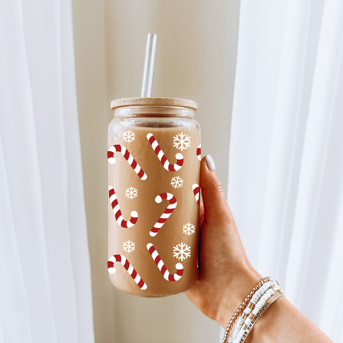 Candy Cane Coffee Mug Glass, Bamboo Lid & Straw