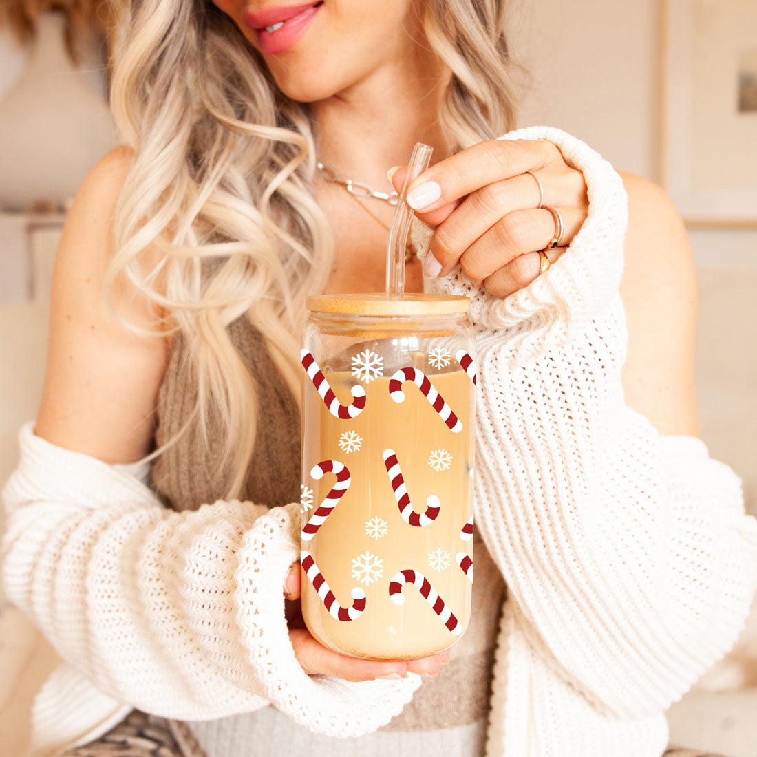 Candy Cane Coffee Mug Glass, Bamboo Lid & Straw