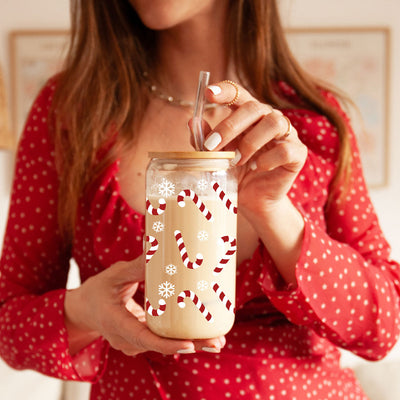 Candy Cane Coffee Mug Glass, Bamboo Lid & Straw