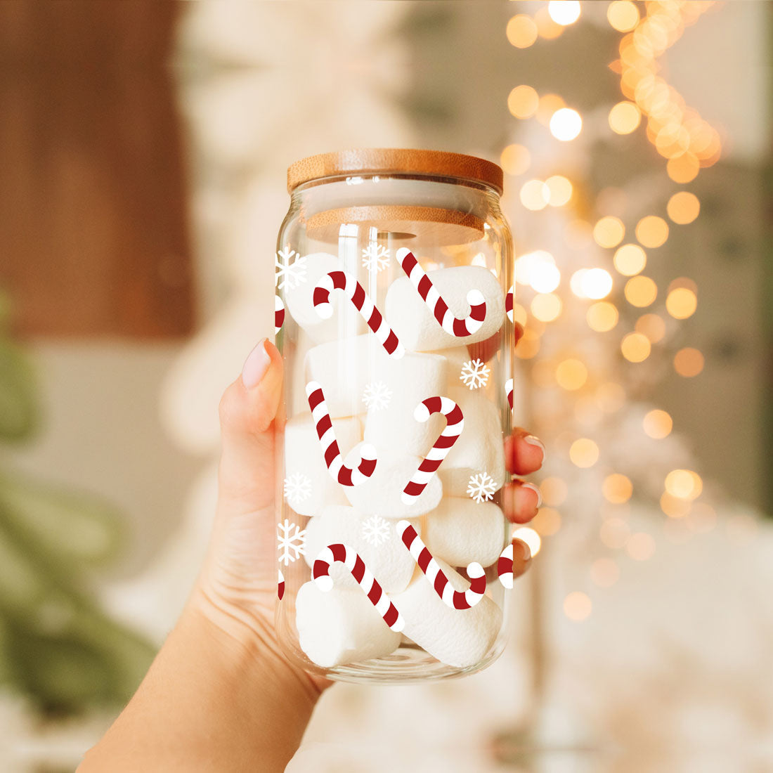 Candy Cane Coffee Mug Glass, Bamboo Lid & Straw