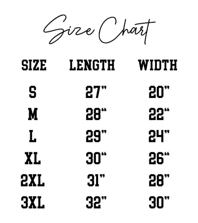 Size chart for the Sister ELF Christmas sweatshirt, displaying length and width for sizes S to 3XL.